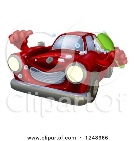 Clipart of a Red Car Character Holding a Brush and Thumb up - Royalty Free Vector Illustration by AtStockIllustration