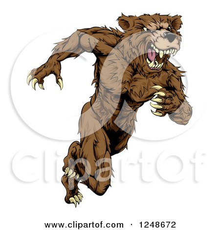 Clipart of a Snarling Muscular Bear Mascot Running Upright - Royalty Free Vector Illustration by AtStockIllustration