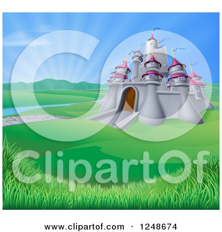 Clipart of a Medieval Castle in a Valley with Sunshine in the Distance - Royalty Free Vector Illustration by AtStockIllustration