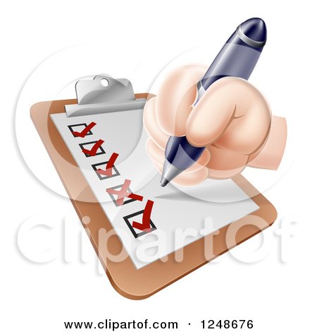 Clipart of a Hand Filling out a Survey on a Clipboard - Royalty Free Vector Illustration by AtStockIllustration
