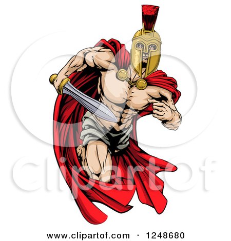 Clipart of a Strong Spartan Trojan Warrior Mascot Running with a Sword - Royalty Free Vector Illustration by AtStockIllustration