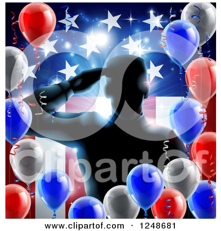 Clipart of a Silhouetted Male Military Veteran Saluting over an American Flag and Balloons - Royalty Free Vector Illustration by AtStockIllustration