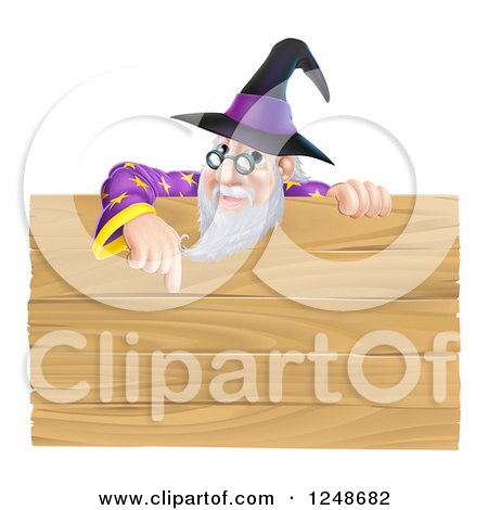 Clipart of a Senior Male Wizard Pointing down at a Wooden Sign - Royalty Free Vector Illustration by AtStockIllustration