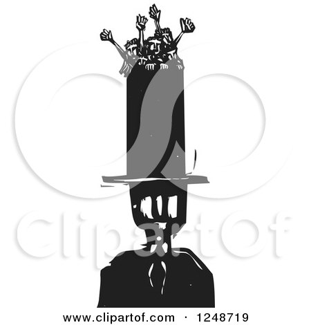 Clipart of Black and White Woodcut Children Trying to Escape from a Banker's Tall Hat - Royalty Free Vector Illustration by xunantunich