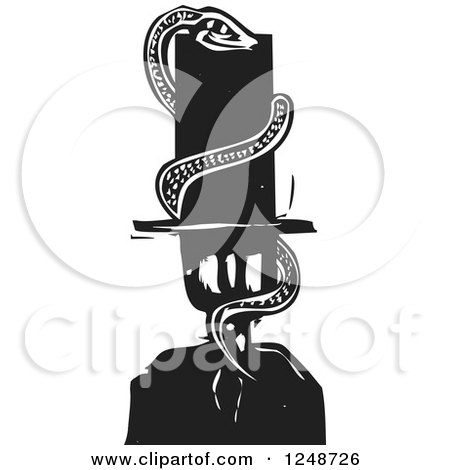 Clipart of a Black and White Woodcut Snake Coiled Around a Banker's Head and Tall Hat - Royalty Free Vector Illustration by xunantunich