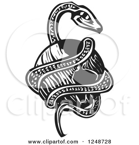 Clipart of a Black and White Woodcut Midgard Serpent Coiled Around Planet Earth - Royalty Free Vector Illustration by xunantunich