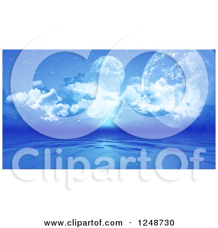 Clipart of 3d Fictional Planets Above a Blue Ocean - Royalty Free Illustration by KJ Pargeter