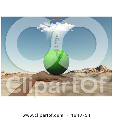 Clipart of a 3d Hand Holding a Green Planet with a Seedling Plant Under a Rainbow and Rain Cloud - Royalty Free Illustration by KJ Pargeter