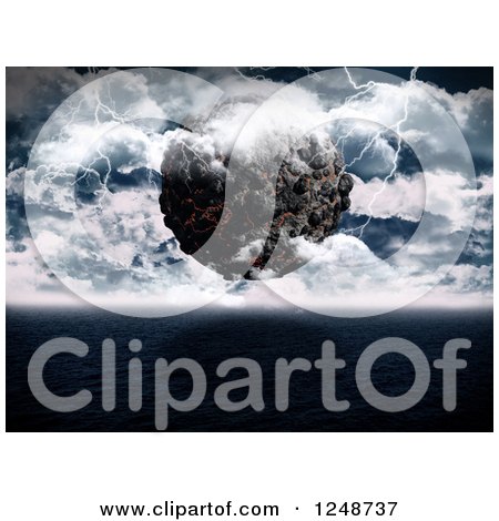 Clipart of a 3d Volcanic Planet and Lightning over an Ocean - Royalty Free Illustration by KJ Pargeter