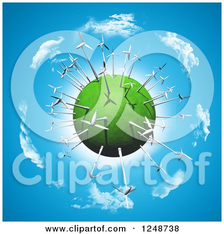 Clipart of a 3d Green Planet with Wind Turbines over Blue Sky and Clouds - Royalty Free Illustration by KJ Pargeter