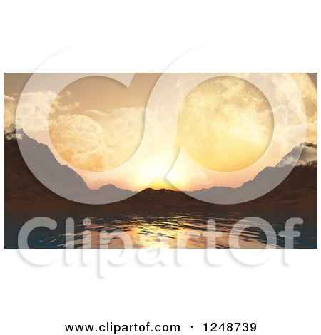 Clipart of a 3d Lake with Mountains and Foreign Planets at Sunset - Royalty Free Illustration by KJ Pargeter