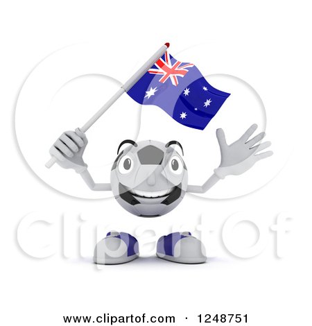 Clipart of a 3d Soccer Ball Character Waving an Australian Flag - Royalty Free Illustration by KJ Pargeter
