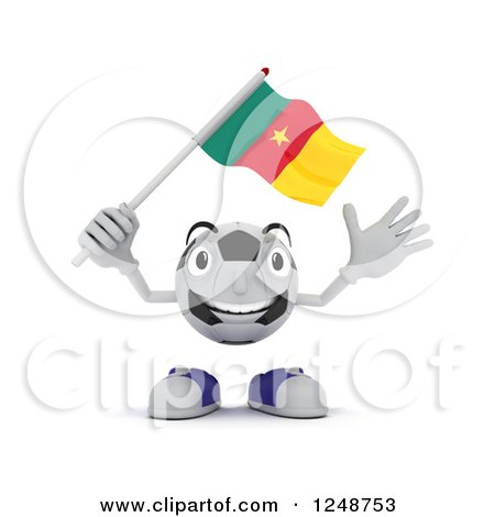 Clipart of a 3d Soccer Ball Character Waving a Camaroon Flag - Royalty Free Illustration by KJ Pargeter