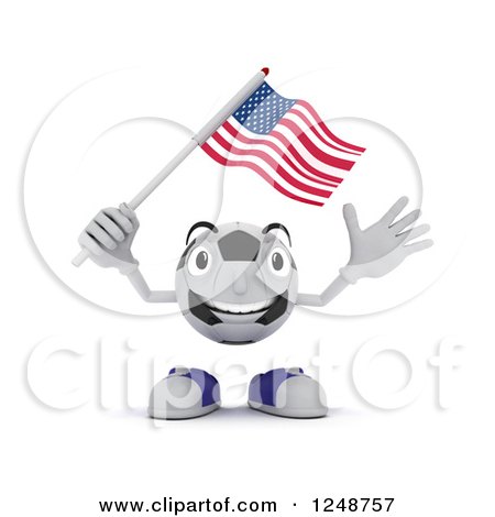 Clipart of a 3d Soccer Ball Character Waving an American Flag - Royalty Free Illustration by KJ Pargeter