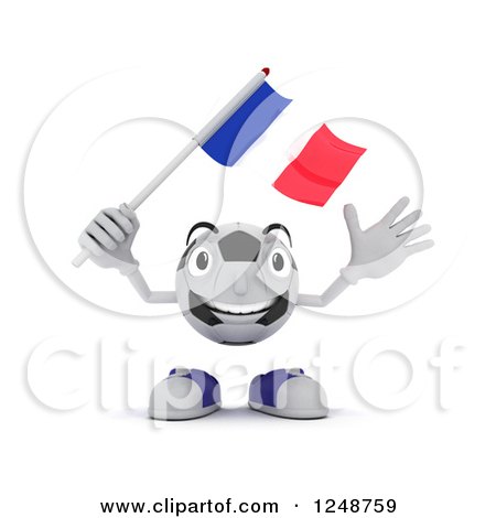 Clipart of a 3d Soccer Ball Character Waving a French Flag - Royalty Free Illustration by KJ Pargeter