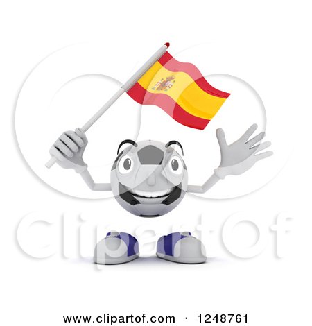 Clipart of a 3d Soccer Ball Character Waving a Spanish Flag - Royalty Free Illustration by KJ Pargeter