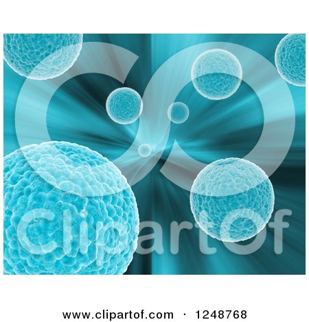 Clipart of a Background of 3d Floating Viruses over Rays of Blue - Royalty Free Illustration by KJ Pargeter