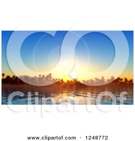Clipart of a 3d Sunset with Flares over Island Palm Trees and a Bay - Royalty Free Illustration by KJ Pargeter
