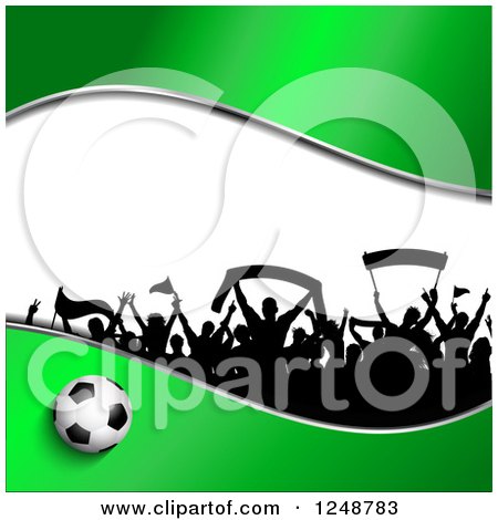 Clipart of a 3d Soccer Ball with a Crowd of Fans on Green and White - Royalty Free Vector Illustration by KJ Pargeter