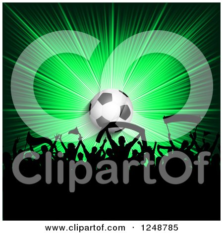 Clipart of a 3d Soccer Ball over a Crowd of Fans on a Green Burst - Royalty Free Vector Illustration by KJ Pargeter