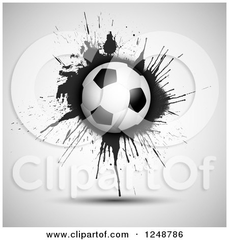 Clipart of a 3d Soccer Ball over Black Splatters on Gray - Royalty Free Vector Illustration by KJ Pargeter