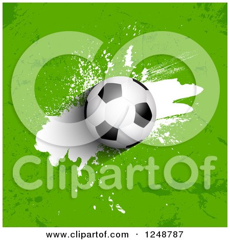 Clipart of a 3d Soccer Ball over Grungy Green - Royalty Free Vector Illustration by KJ Pargeter