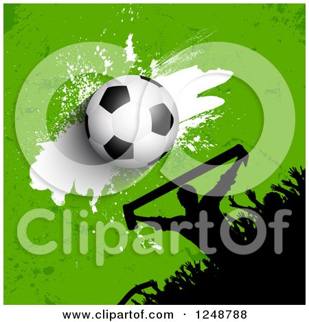 Clipart of a 3d Soccer Ball and Grunge over a Crowd of Fans on Green - Royalty Free Vector Illustration by KJ Pargeter
