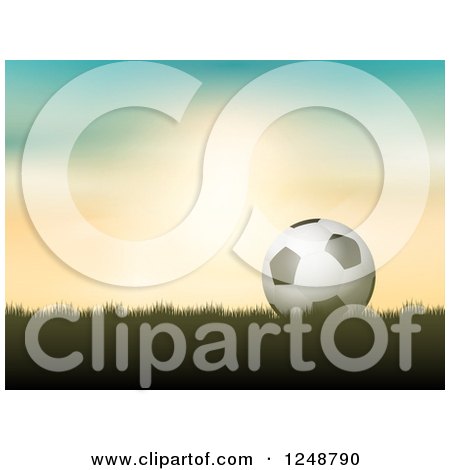Clipart of a 3d Soccer Ball on Grass over a Sunset - Royalty Free Vector Illustration by KJ Pargeter