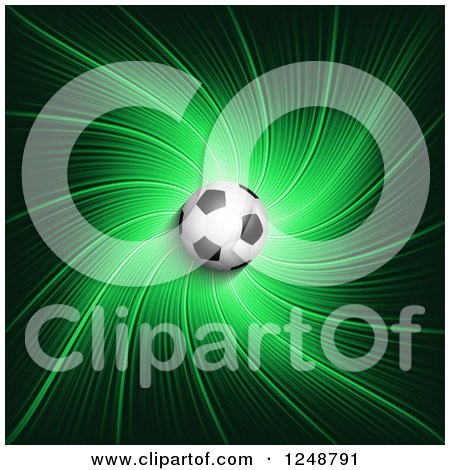 Clipart of a 3d Soccer Ball over a Green and Black Spiral - Royalty Free Vector Illustration by KJ Pargeter