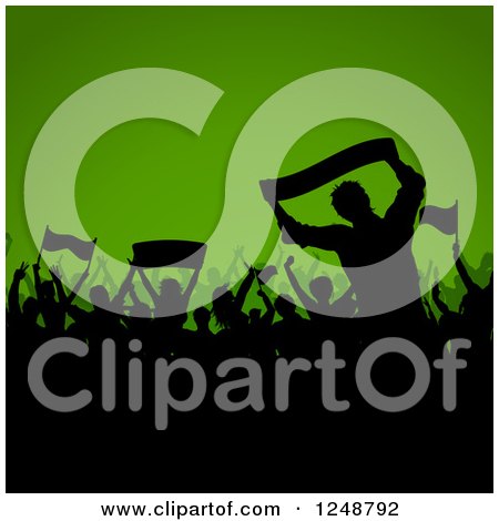 Clipart of a Black Silhouetted Crowd of Soccer Fans over Green - Royalty Free Vector Illustration by KJ Pargeter