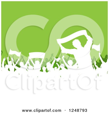 Clipart of a White Silhouetted Crowd of Soccer Fans over Green - Royalty Free Vector Illustration by KJ Pargeter