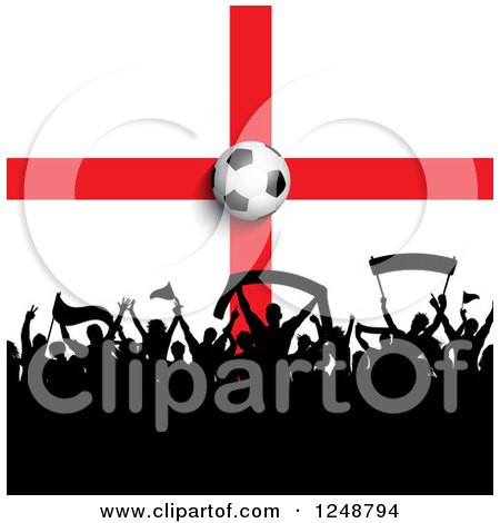 Clipart of a 3d Soccer Ball over a Crowd of Fans and an English Flag - Royalty Free Vector Illustration by KJ Pargeter