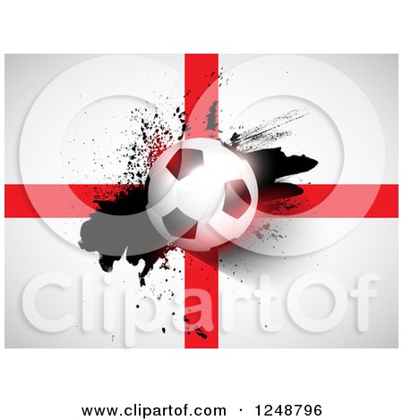 Clipart of a 3d Soccer Ball and Splatter over an English Flag - Royalty Free Vector Illustration by KJ Pargeter