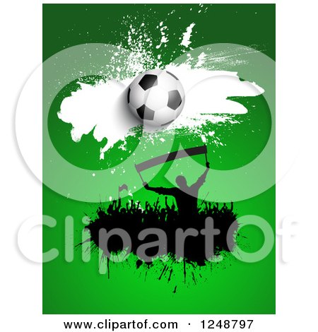 Clipart of a 3d Soccer Ball over a Splatter Crowd of Fans on Green - Royalty Free Vector Illustration by KJ Pargeter