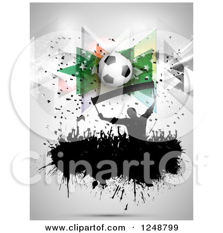 Clipart of a 3d Soccer Ball over a Splatter Crowd of Fans on Gray - Royalty Free Vector Illustration by KJ Pargeter