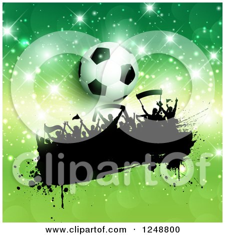 Clipart of a 3d Soccer Ball over a Splatter Crowd of Fans on Green with Flares - Royalty Free Vector Illustration by KJ Pargeter