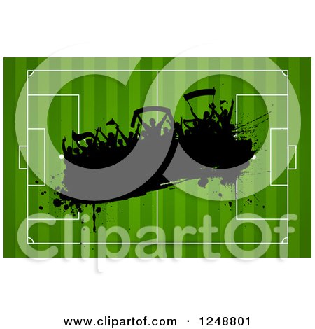 Clipart of a Silhouetetd Splatter Soccer Fan Crowd over a Field - Royalty Free Vector Illustration by KJ Pargeter