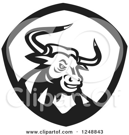 Clipart of a Black and White Retro Angry Bull in a Shield - Royalty Free Vector Illustration by patrimonio