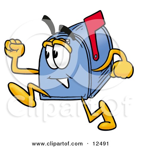 Clipart Picture of a Blue Postal Mailbox Cartoon Character Running by Mascot Junction