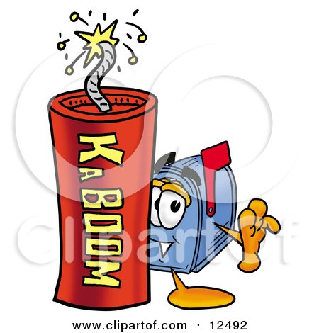 Clipart Picture of a Blue Postal Mailbox Cartoon Character Standing With a Lit Stick of Dynamite by Mascot Junction