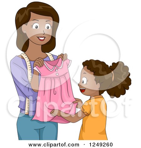 Clipart of a Thoughtful African American Mother Giving Her Daughter a Home Made Dress - Royalty Free Vector Illustration by BNP Design Studio