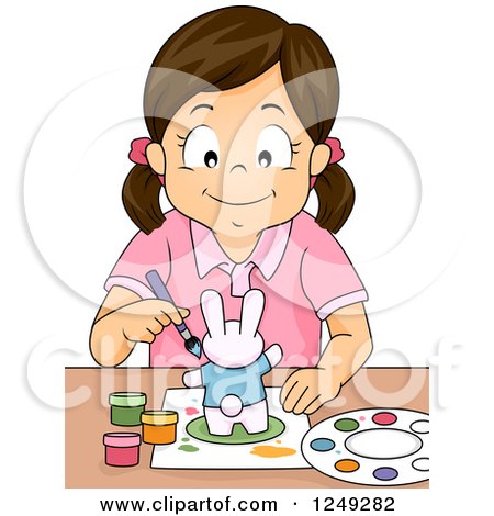 Clipart of a Creative Brunette Girl Painting a Rabbit Figurine - Royalty Free Vector Illustration by BNP Design Studio