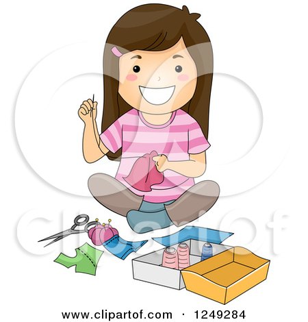 Clipart of a Happy Brunette Girl Sitting on the Floor and Sewing - Royalty Free Vector Illustration by BNP Design Studio