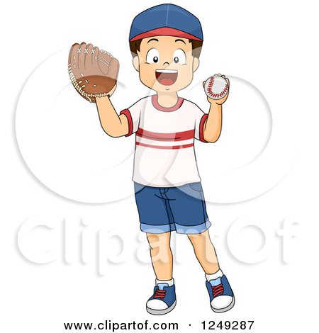 Clipart of a Happy Brunette Boy Playing Baseball - Royalty Free Vector Illustration by BNP Design Studio