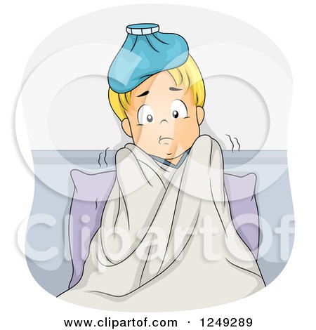 Clipart of a Sick Blond Boy Shivering in Bed - Royalty Free Vector Illustration by BNP Design Studio
