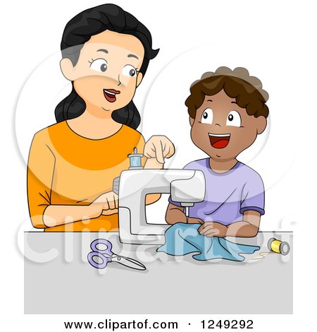 Clipart of a Female Home Economics Teacher Showing a Boy How to Use a Sewing Machine - Royalty Free Vector Illustration by BNP Design Studio