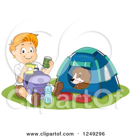 Clipart of a Happy Boy Going Through His Provisions While His Dog Sits in a Camping Tent - Royalty Free Vector Illustration by BNP Design Studio