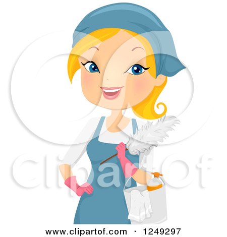 Clipart of a Blond Caucasian Woman Maid with Cleaning Supplies - Royalty Free Vector Illustration by BNP Design Studio