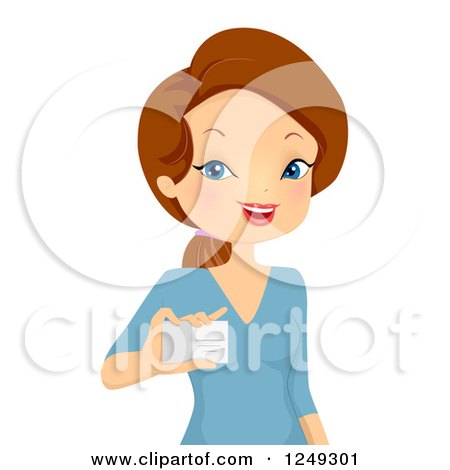 Clipart of a Happy Brunette Woman Holding out a Business Card - Royalty Free Vector Illustration by BNP Design Studio