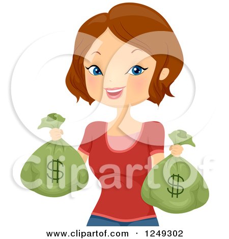 Clipart of a Wealthy Brunette Caucasian Woman Holding Money Bags - Royalty Free Vector Illustration by BNP Design Studio